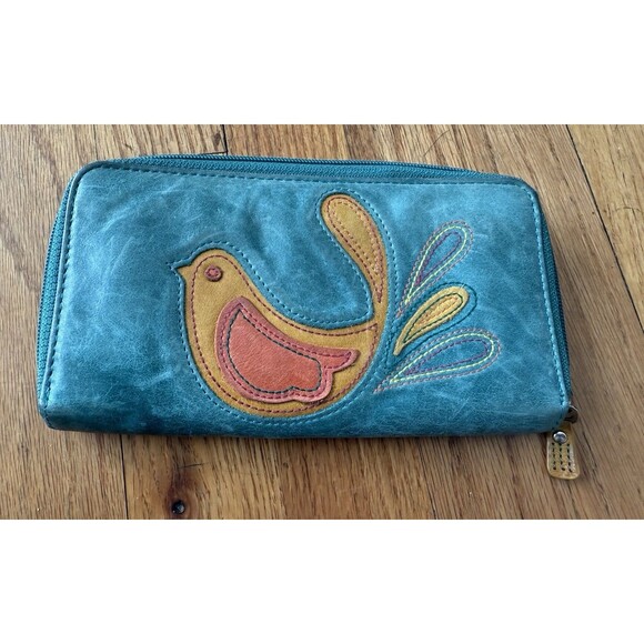 Fossil turquoise Leather Bird Appliqué Zip-Around Wallet Embroidered Boho Festiv - Picture 2 of 7